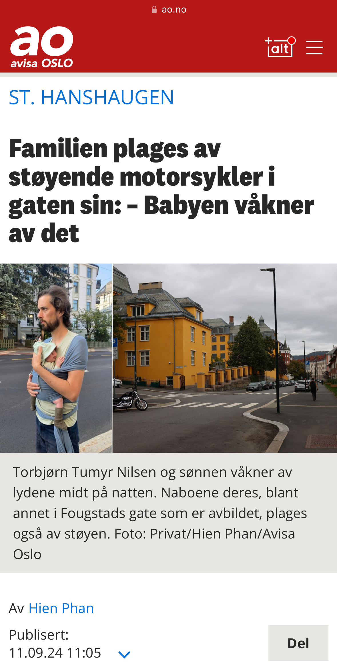 A father and child stand beside a street with colorful buildings and a motorcycle, accompanied by text discussing noise disturbances. Source: https://www.ao.no/familien-plages-av-stoyende-motorsykler-i-gaten-sin-babyen-vakner-av-det/s/5-128-877267