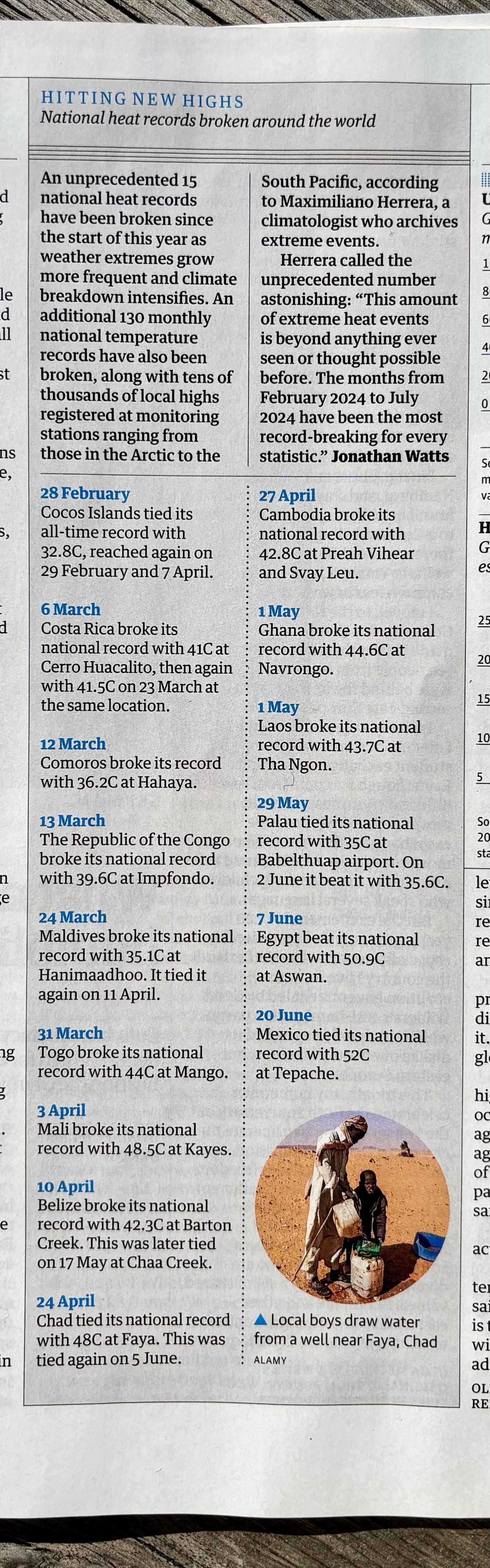 The image contains a newspaper article detailing various national heat records broken around the world in 2024, featuring countries like Argentina, Chile, Senegal, and others.&10;&10;Faksimile fra The Guardian Weekly 23. august 2024, med oversikt over 15 nye varmerekorder.&10;