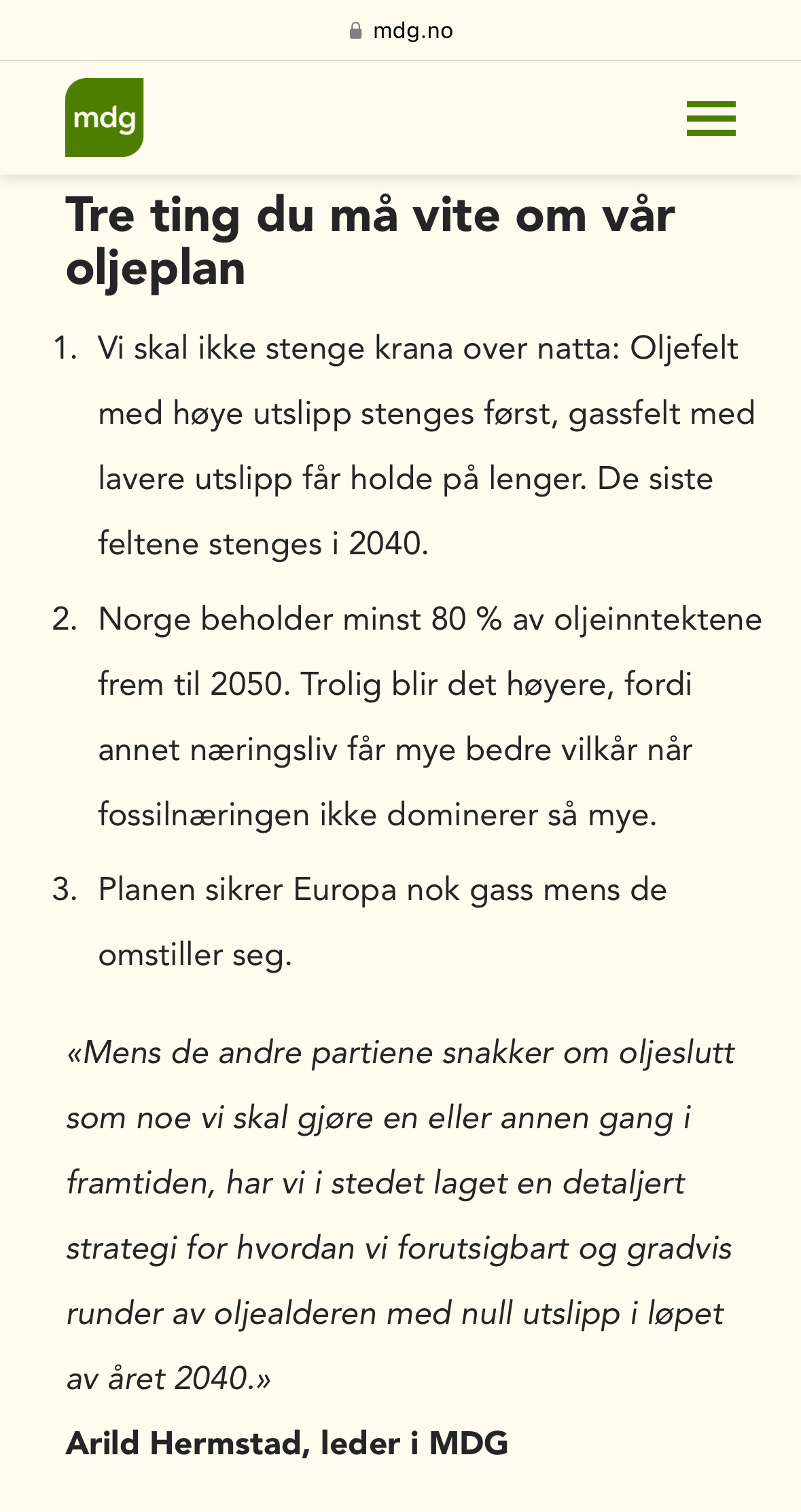 A Norwegian text outlines the Green Party's oil plan, emphasizing stopping high-emission oil fields, reducing oil revenues, and ensuring energy security in Europe by 2040.