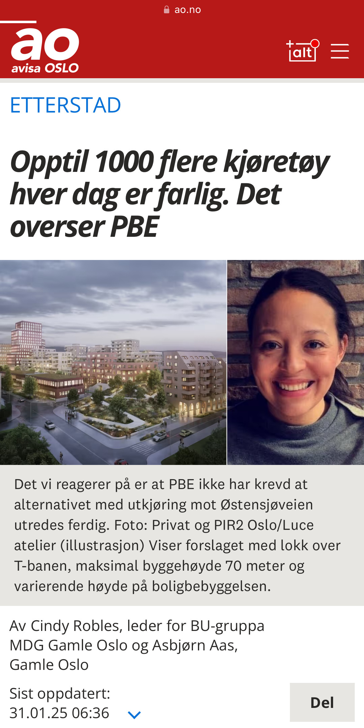 Faksimile fra AO med overskriften «Opptil 1000 flere kjøretøy om dagen er farlig. Det overser PBE». 