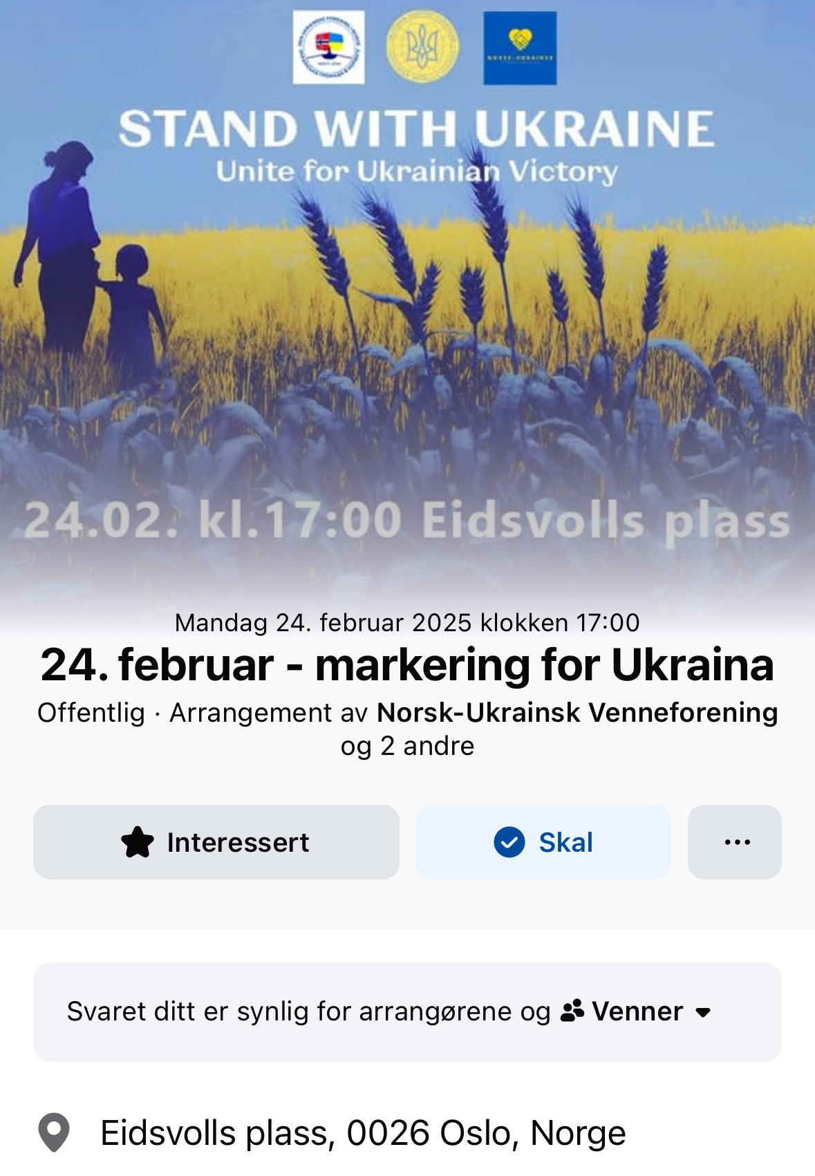 A Facebook event image promoting a gathering for Ukraine in Oslo on February 24, 2025.&10;&10;https://facebook.com/events/s/24-februar-markering-for-ukrai/1028503889089129/