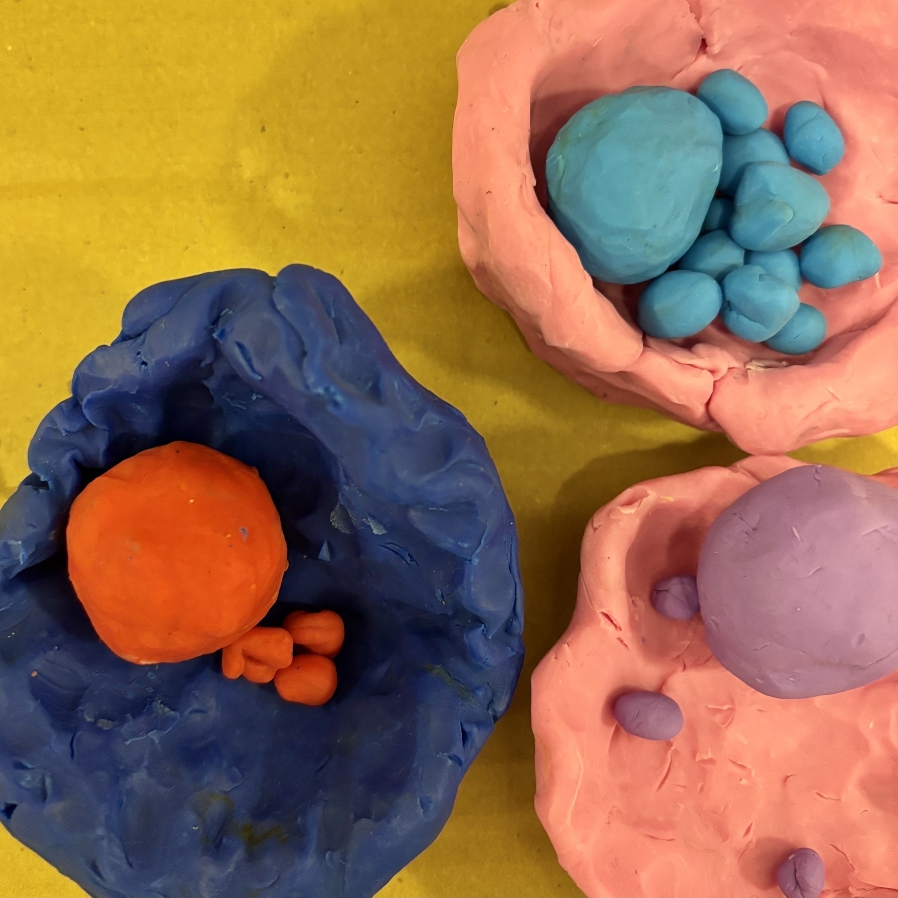 Colorful playdough spheres are placed in textured bowls on a yellow surface. (Desc. generated by AI)