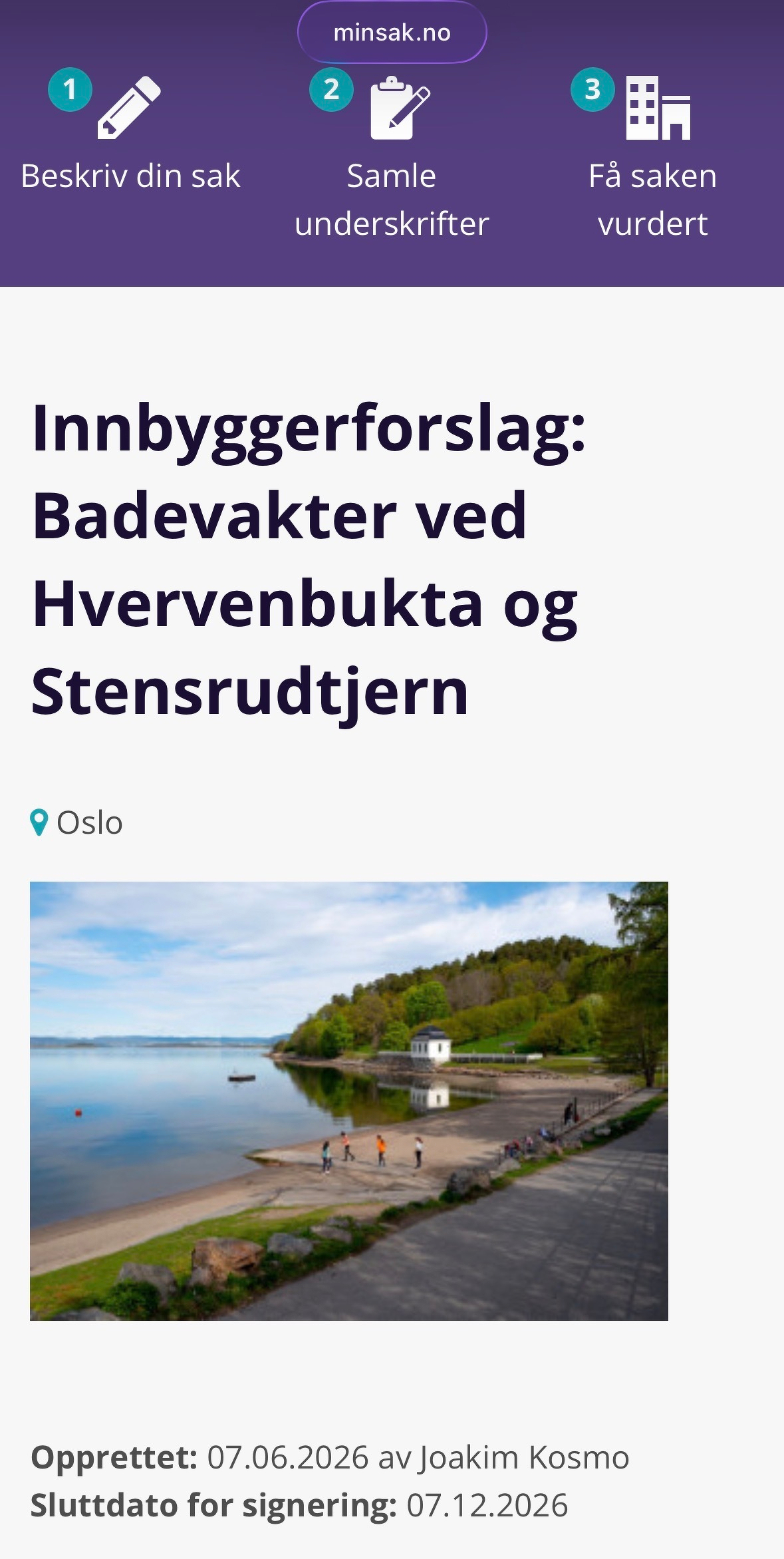 Skjermdump av innbyggerforslag om badevakter ved Hvervenbukta og Stensrudtjern blir presentert i et innlegg på minsak.no med et bilde av en strand med trær, et hus og personer som går langs vannkanten.&10;